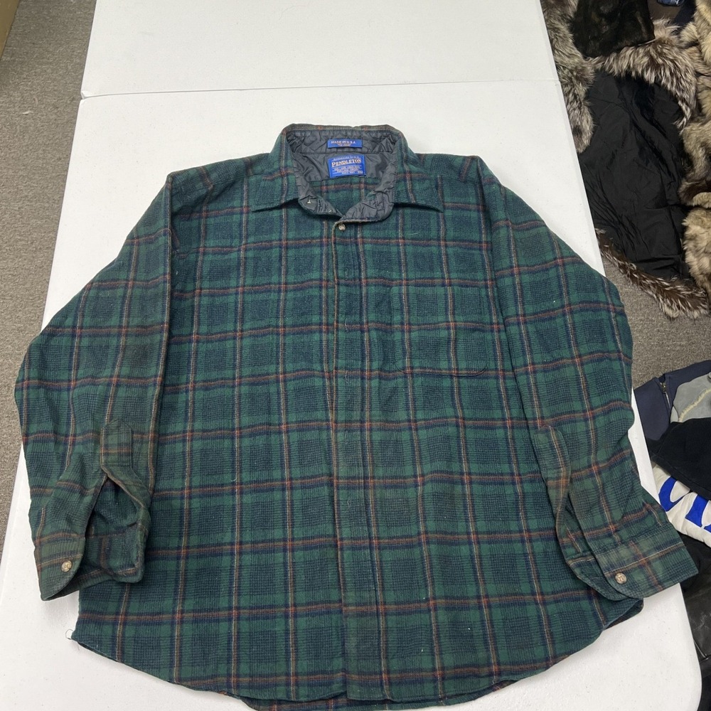 Pendleton Wool Shirt Mens XXL Green Plaid Virgin Wool Made in USA Vintage C2